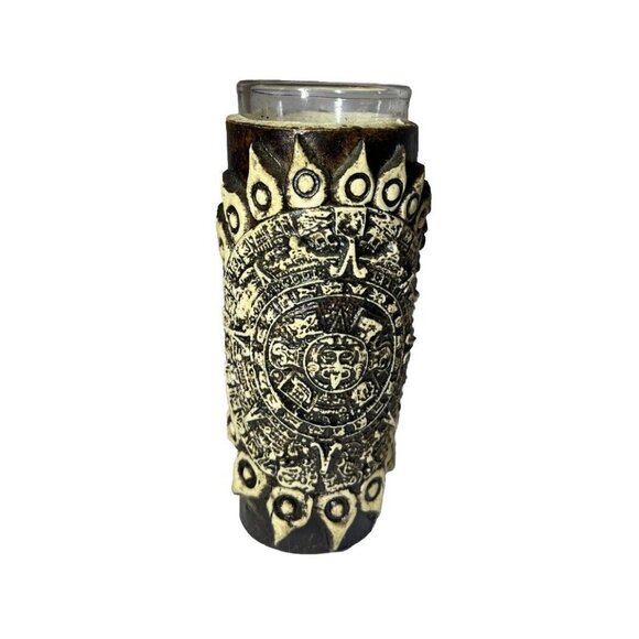 Aztec Mayan Calendar Tepoztlan Bud Vase, Ceramic Wrapped Glass 4” Tall - Picture 3 of 12